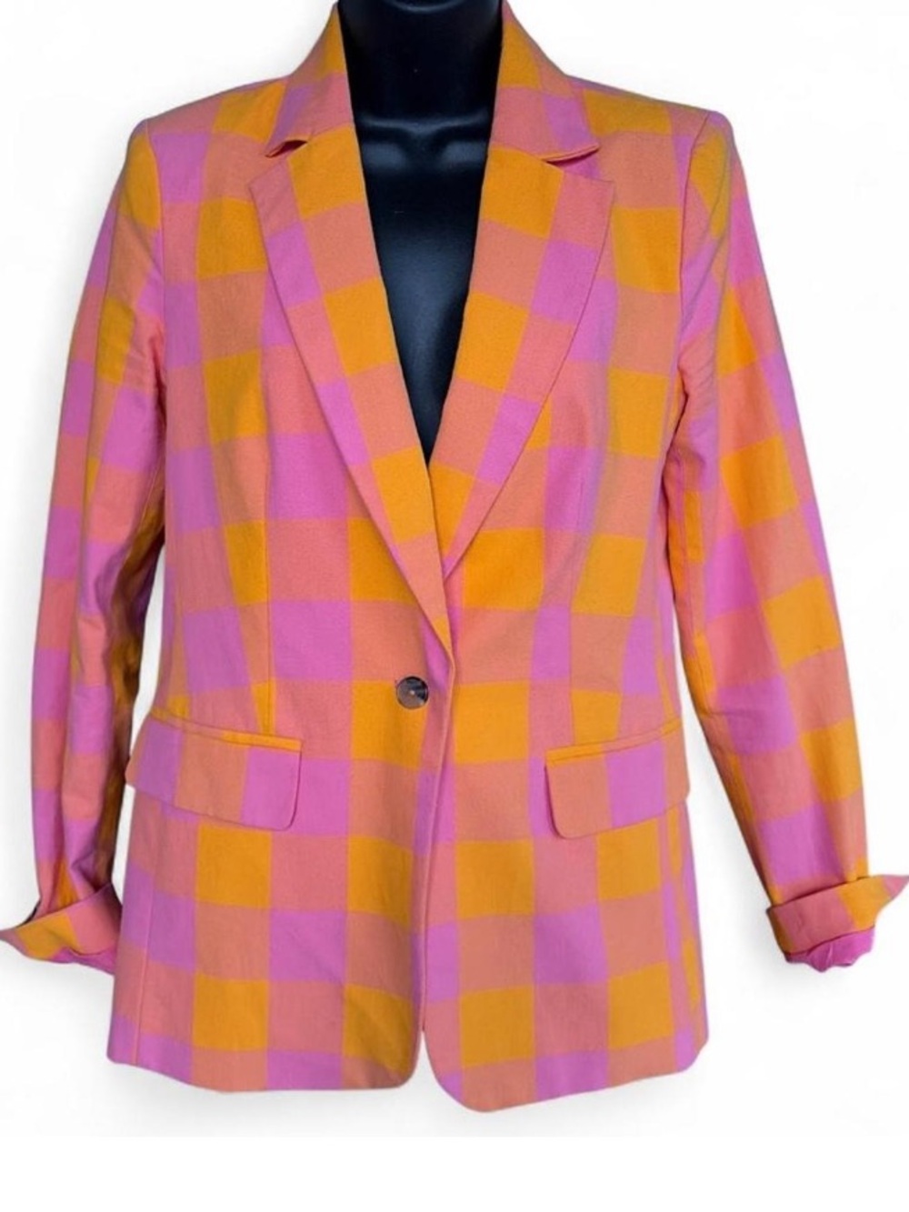 Pink & Orange Checked Single-Button Blazer